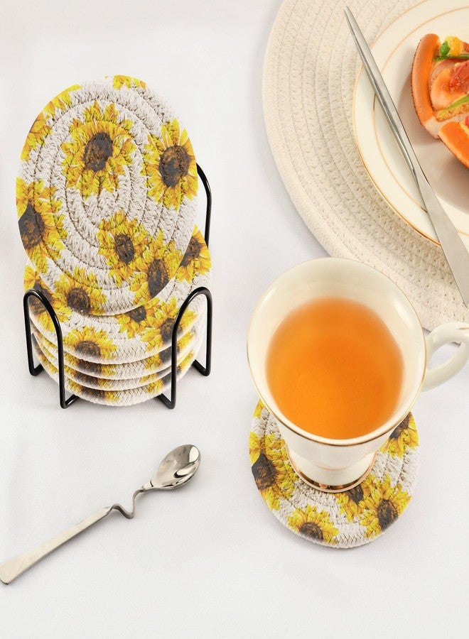 Aflyko Spring Coasters for Drink Sunflower Cute Coaster Set with Metal Holder Cotton Woven Coaster for Coffee Table Bistro Home Kitchen Island Housewarming Gift 6 Pack - Image 5